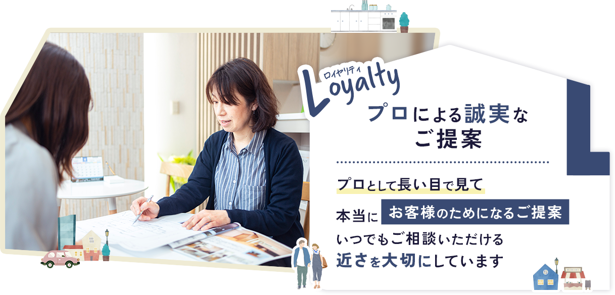 Loyalty プロによる誠実なご提案 プロとして長い目で見て本当にお客様のためになるご提案 いつでもご相談いただける 近さを大切にしています